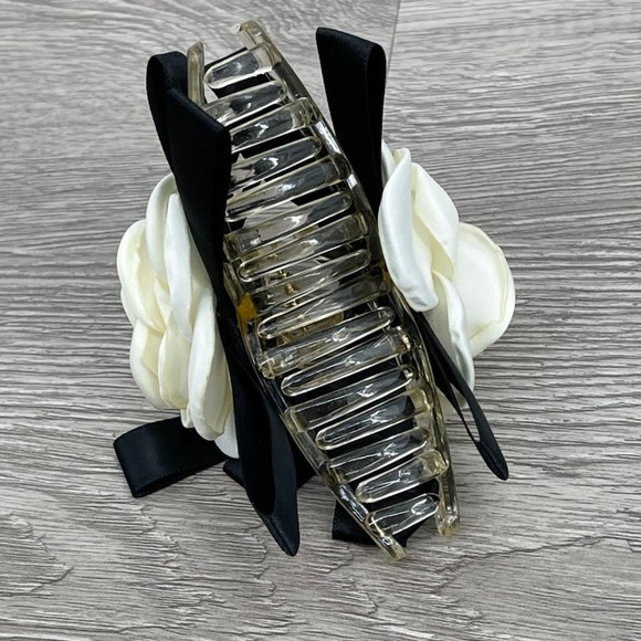 Camellia Flower Hair Clip Black Ribbon Bow Claw Clip 4" Elegant Designer - NEW - Picture 4 of 9